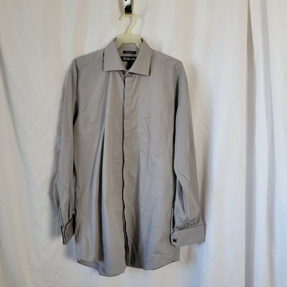 3/$20 Stacy Adams Dress Shirt 15 1/2 x 32/33 Gray cufflinks French Cuff Men's